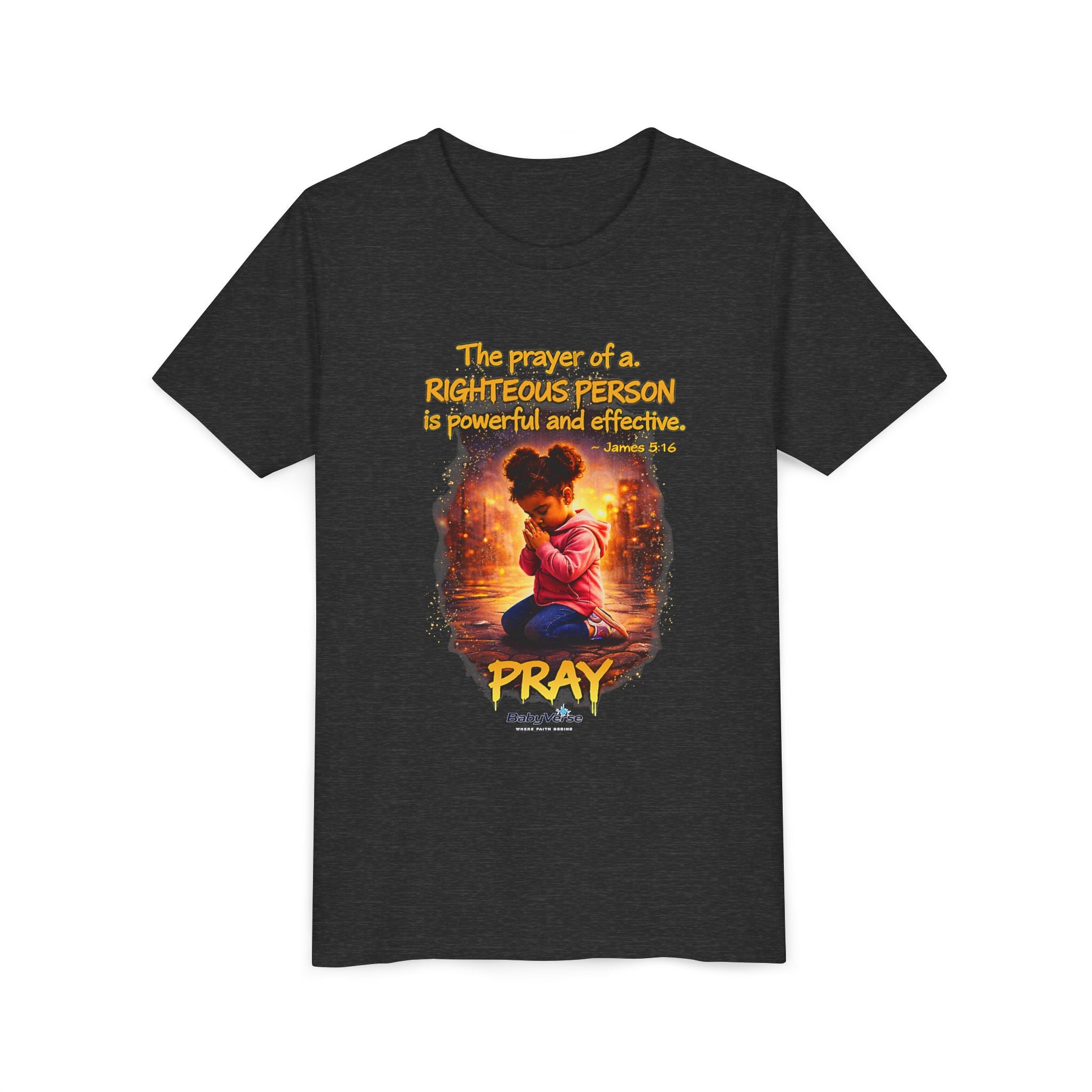 Youth Christian T-Shirt “Pray” | James 5:16 Faith Kids Shirt | Inspirational Youth Tee