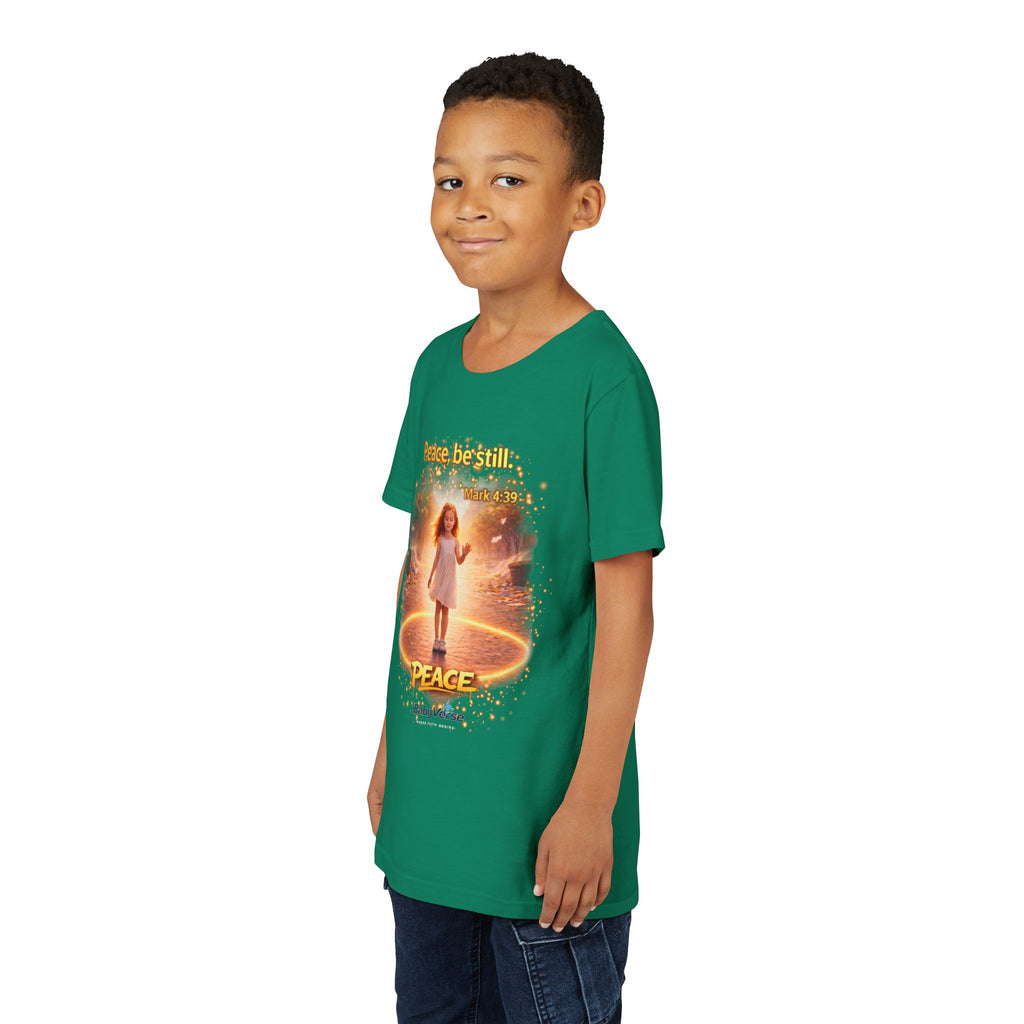 Youth Christian T-Shirt “Peace Be Still” | Mark 4:39 Kids Faith Shirt | Bible Verse Youth Tee