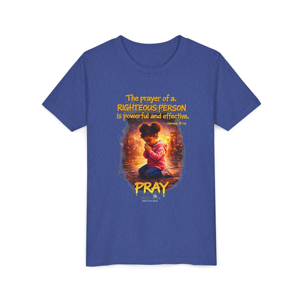 Youth Christian T-Shirt “Pray” | James 5:16 Faith Kids Shirt | Inspirational Youth Tee