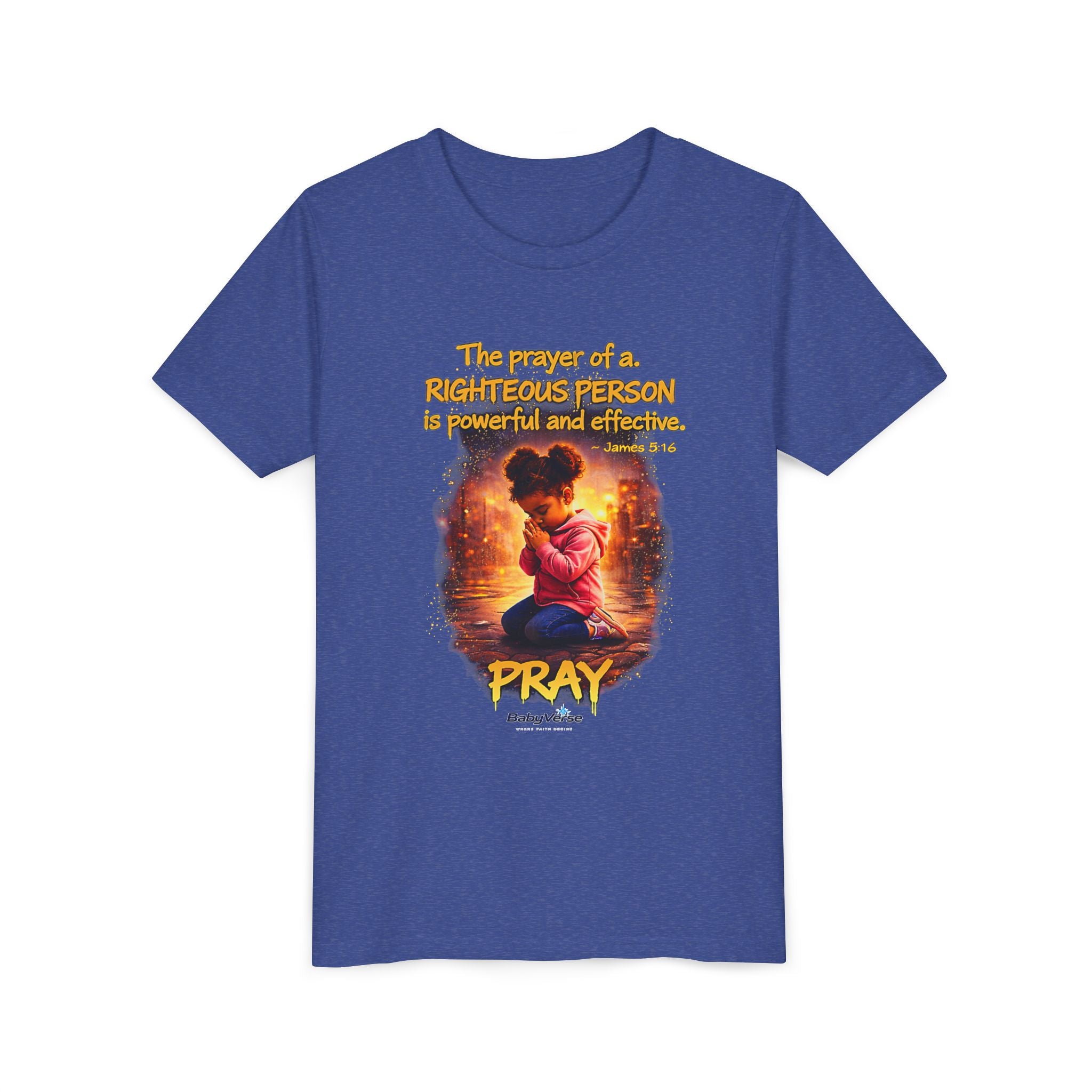 Youth Christian T-Shirt “Pray” | James 5:16 Faith Kids Shirt | Inspirational Youth Tee