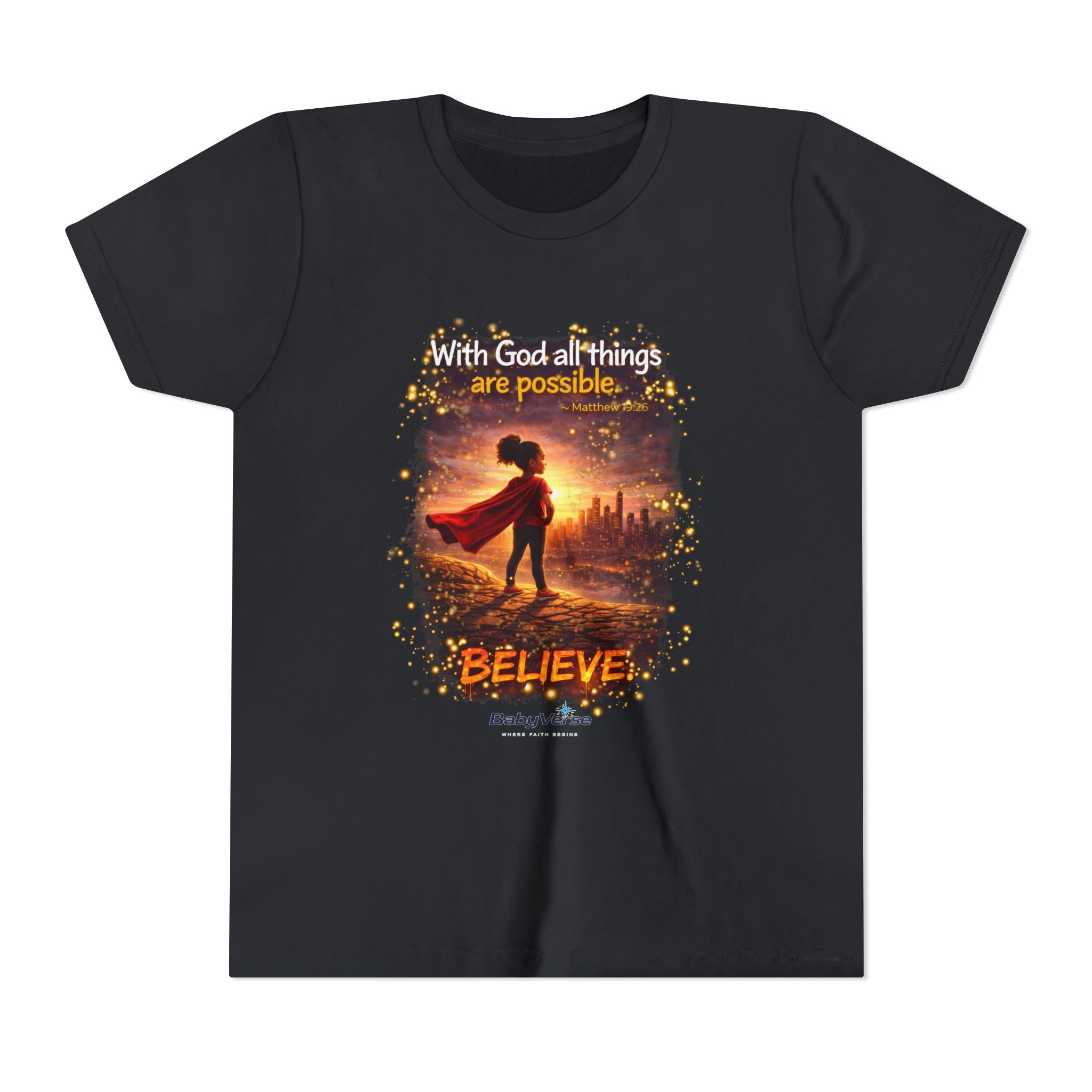 Youth Christian T-Shirt “Believe” | Matthew 19:26 Faith Kids Shirt | Inspirational Bible Verse Youth Tee