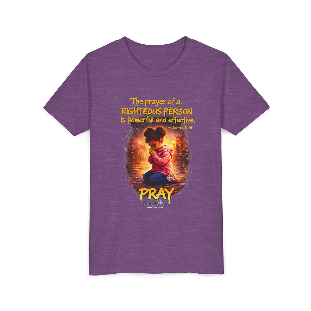 Youth Christian T-Shirt “Pray” | James 5:16 Faith Kids Shirt | Inspirational Youth Tee