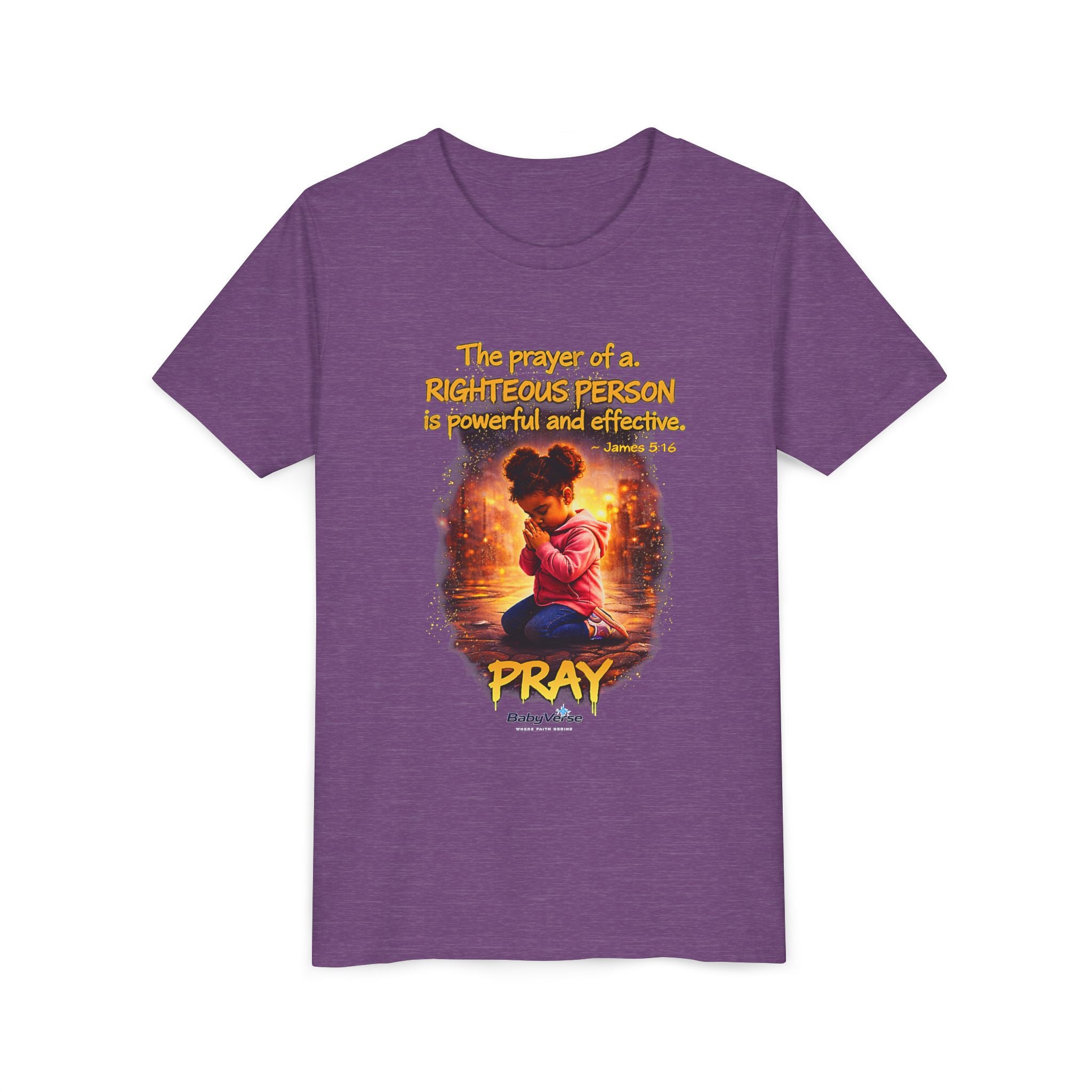 Youth Christian T-Shirt “Pray” | James 5:16 Faith Kids Shirt | Inspirational Youth Tee