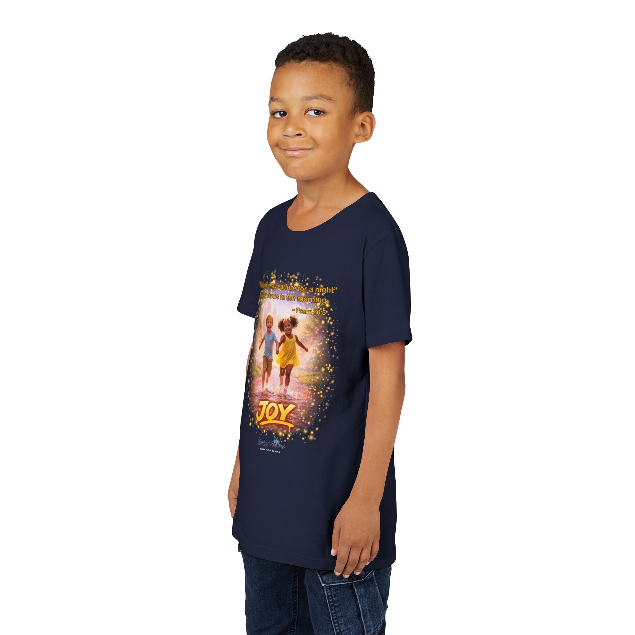 Youth Christian T-Shirt “Joy” | Psalm 30:5 Faith Kids Shirt | Inspirational Bible Verse Youth Tee