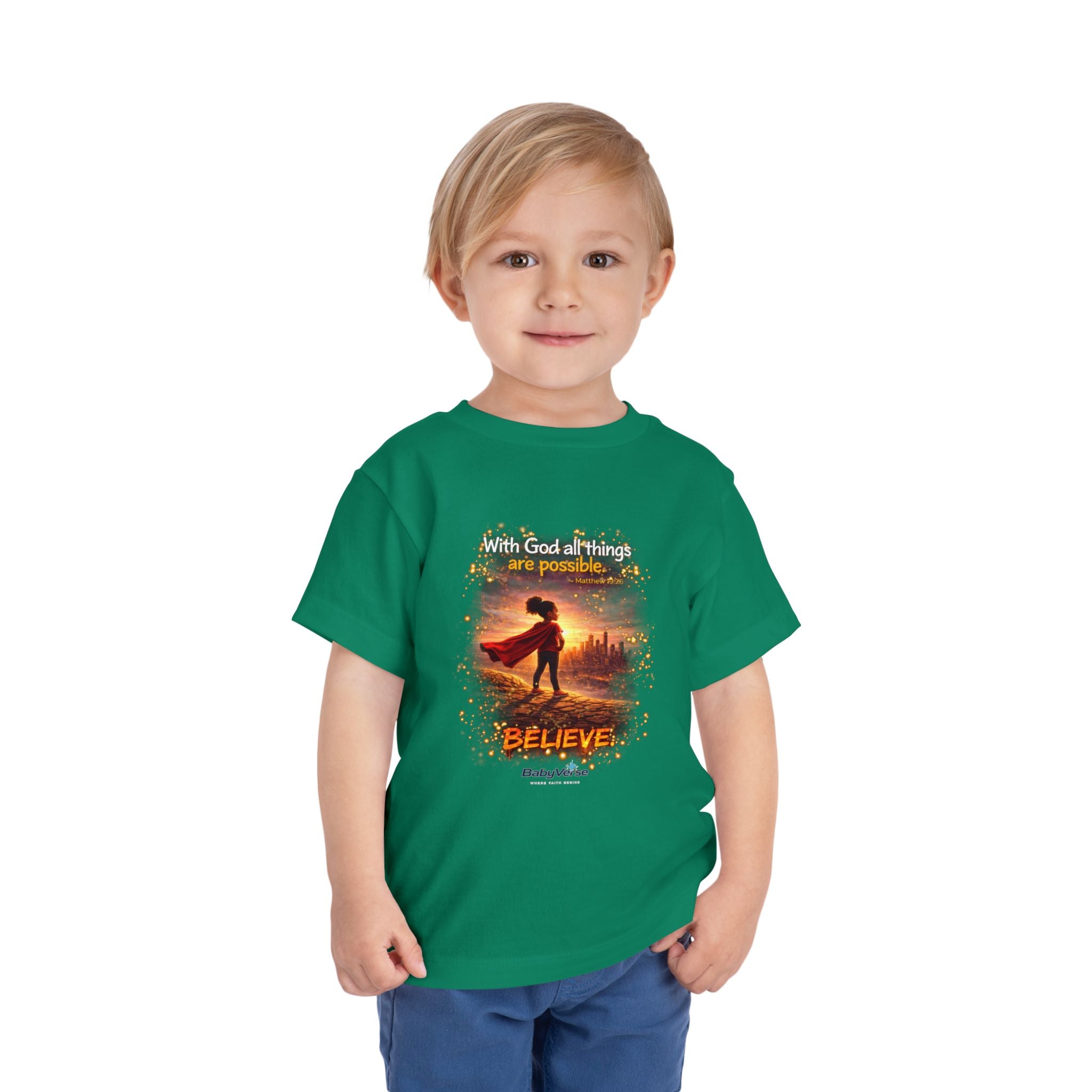 Toddler Tee — “Believe” Inspirational Christian Tee | Matthew 19:26 Bible Verse Faith Shirt for Kids