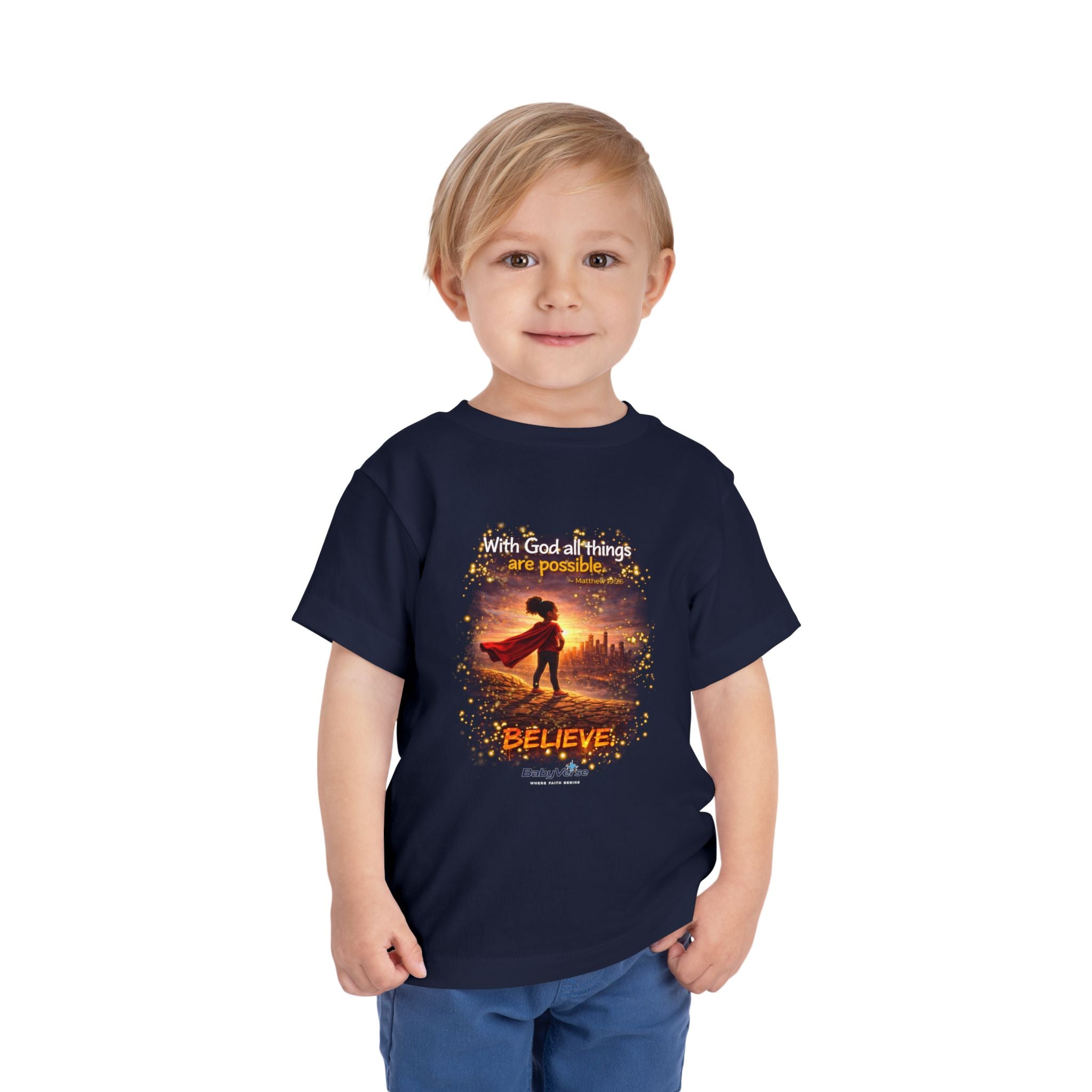 Toddler Tee — “Believe” Inspirational Christian Tee | Matthew 19:26 Bible Verse Faith Shirt for Kids