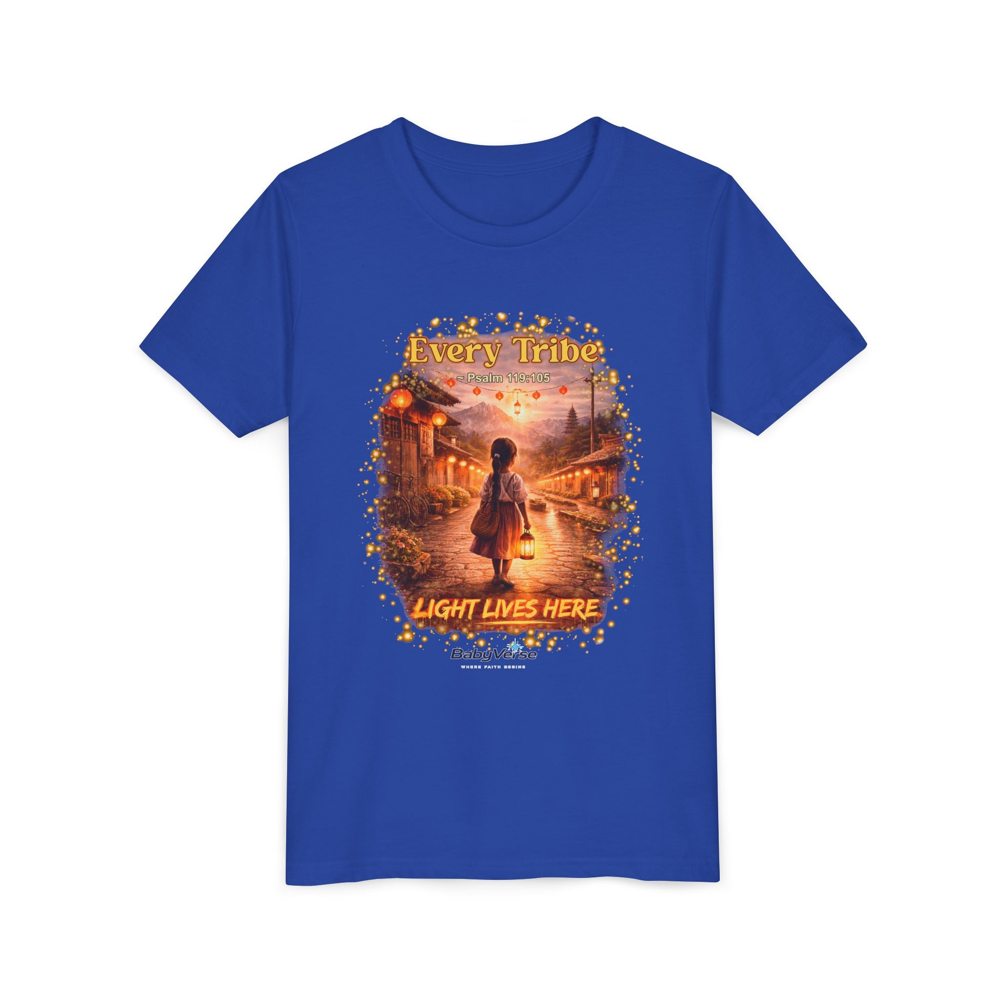 Youth Christian T-Shirt “Light Lives Here” | Psalm 119:105 Faith Kids Shirt | Inspirational Youth Tee