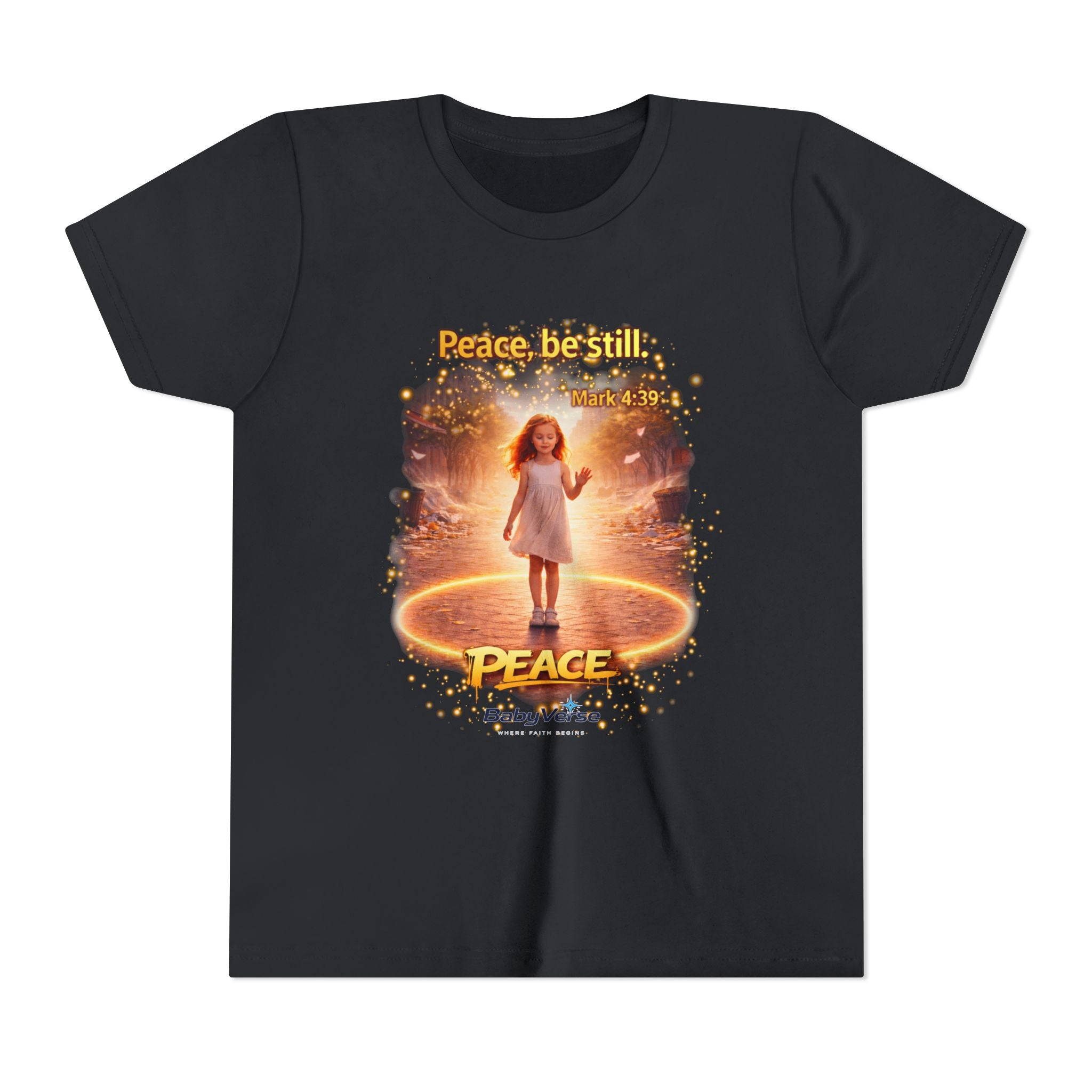 Youth Christian T-Shirt “Peace Be Still” | Mark 4:39 Kids Faith Shirt | Bible Verse Youth Tee