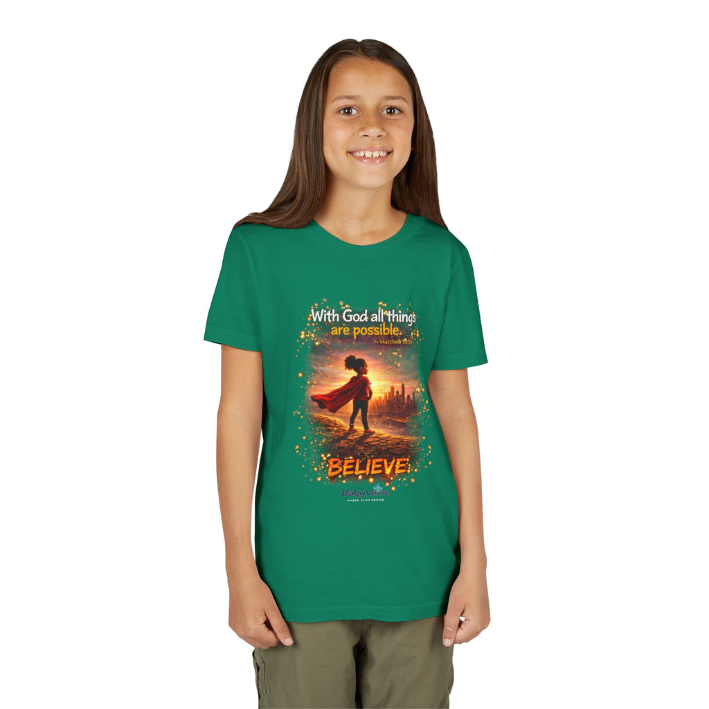 Youth Christian T-Shirt “Believe” | Matthew 19:26 Faith Kids Shirt | Inspirational Bible Verse Youth Tee
