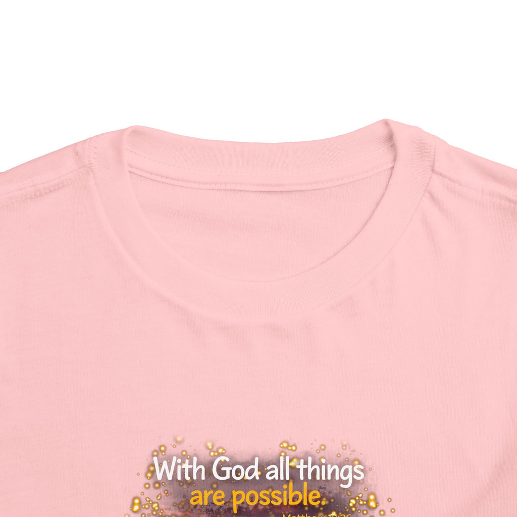 Toddler Tee — “Believe” Inspirational Christian Tee | Matthew 19:26 Bible Verse Faith Shirt for Kids