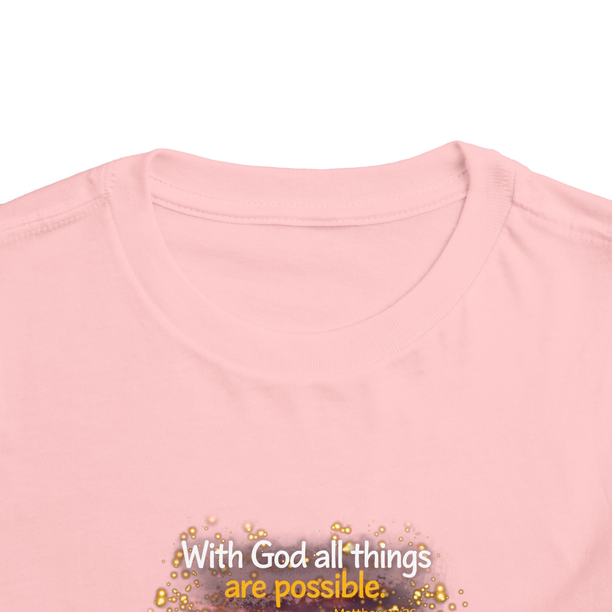 Toddler Tee — “Believe” Inspirational Christian Tee | Matthew 19:26 Bible Verse Faith Shirt for Kids