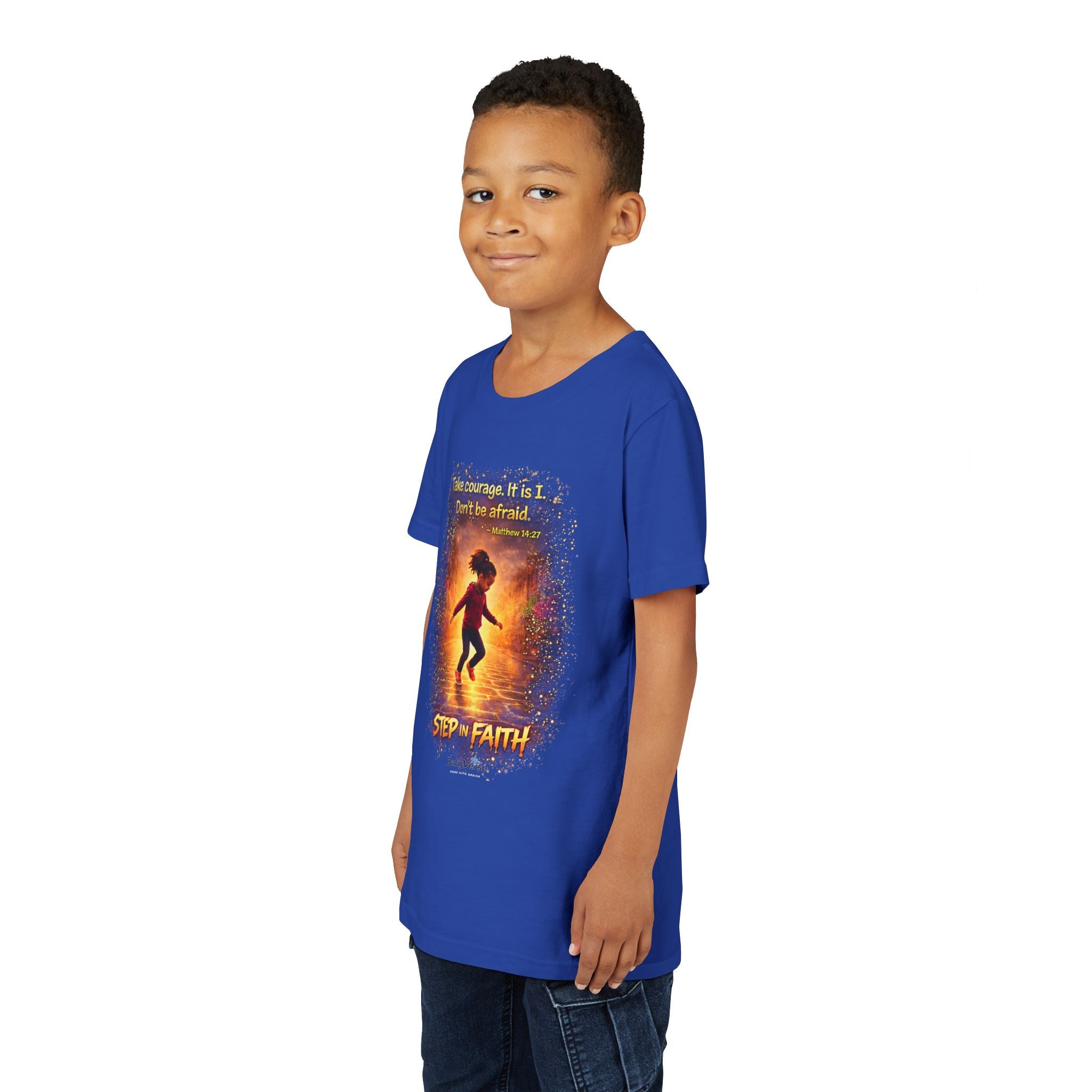 Youth Christian T-Shirt “Step in Faith” | Matthew 14:27 Kids Faith Shirt | Inspirational Bible Verse Youth Tee