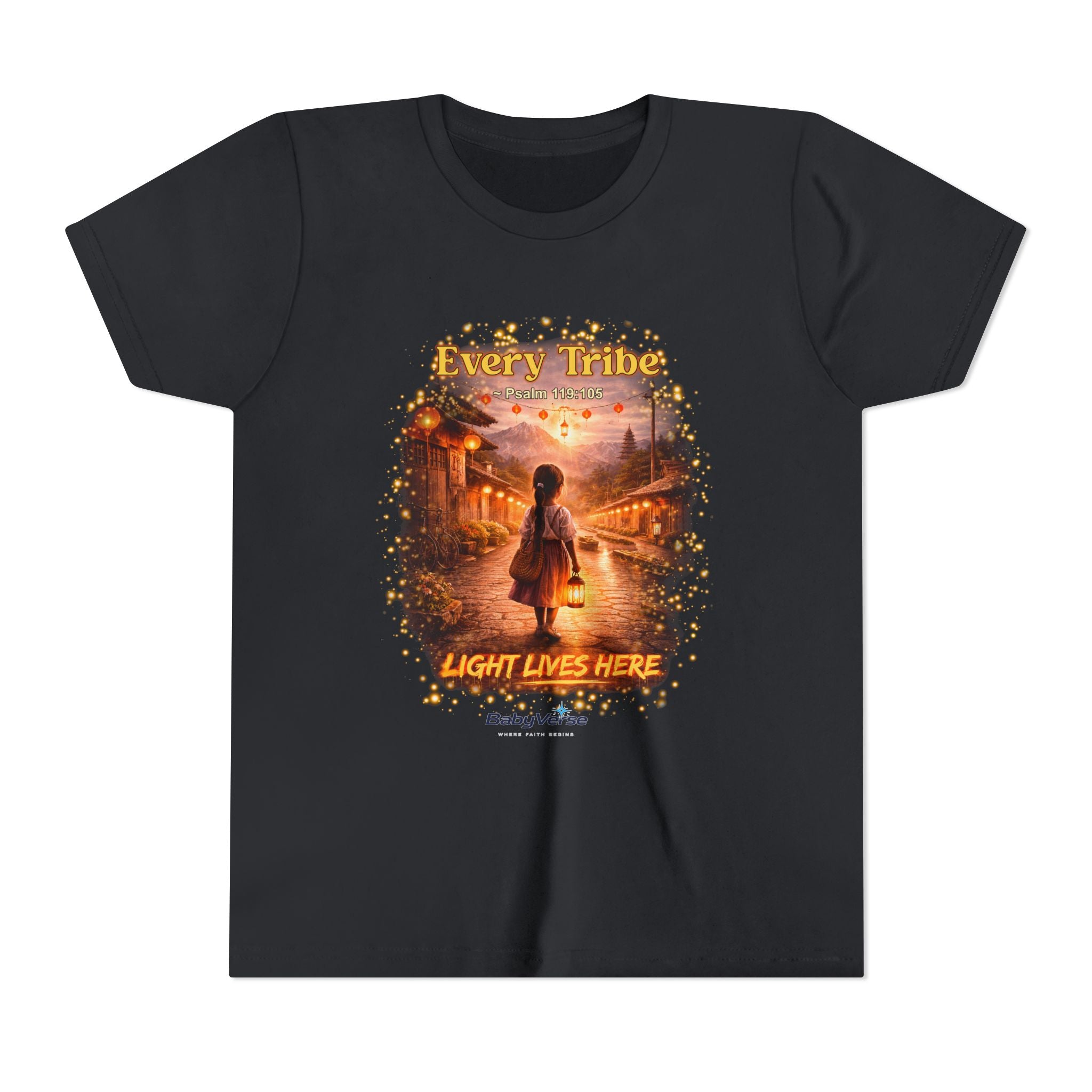 Youth Christian T-Shirt “Light Lives Here” | Psalm 119:105 Faith Kids Shirt | Inspirational Youth Tee