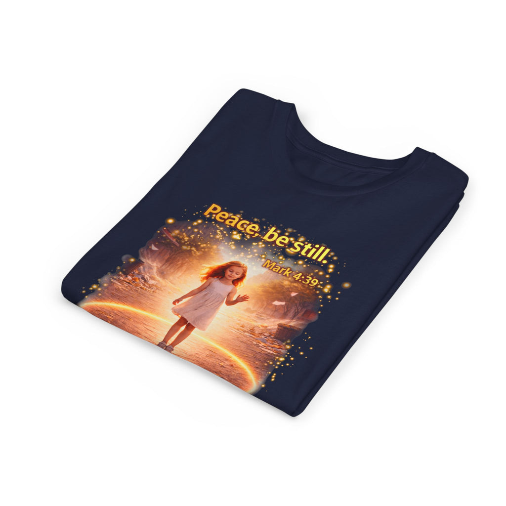 Youth Christian T-Shirt “Peace Be Still” | Mark 4:39 Kids Faith Shirt | Bible Verse Youth Tee