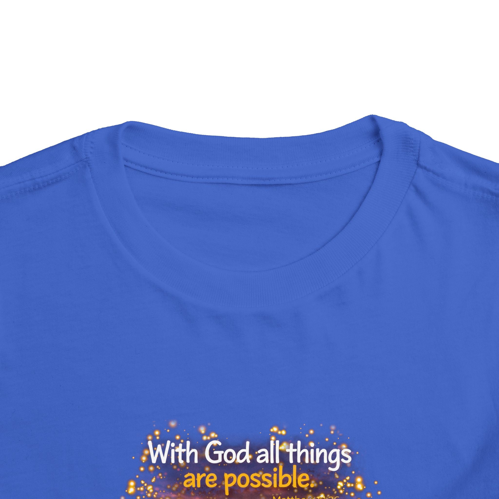 Toddler Tee — “Believe” Inspirational Christian Tee | Matthew 19:26 Bible Verse Faith Shirt for Kids