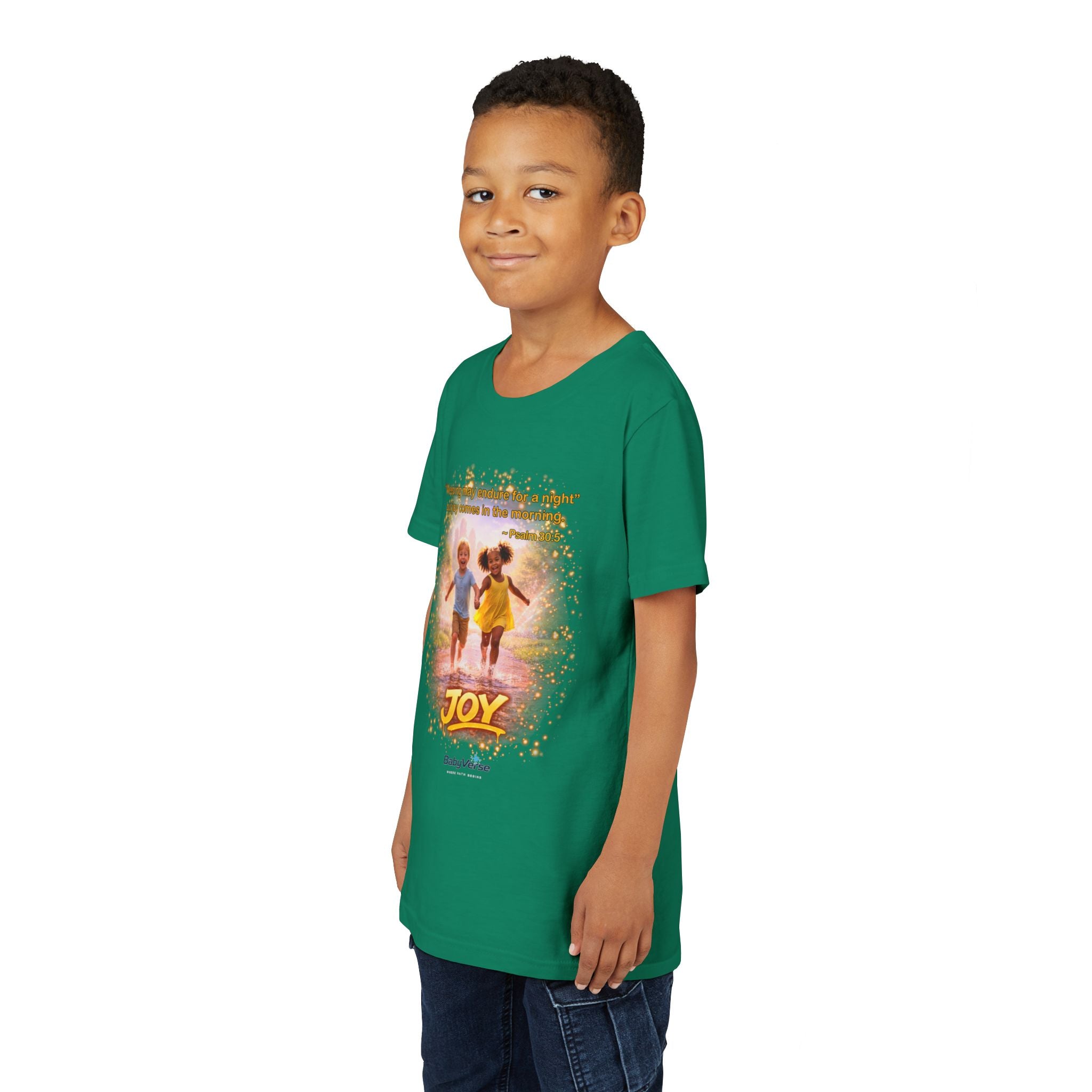 Youth Christian T-Shirt “Joy” | Psalm 30:5 Faith Kids Shirt | Inspirational Bible Verse Youth Tee