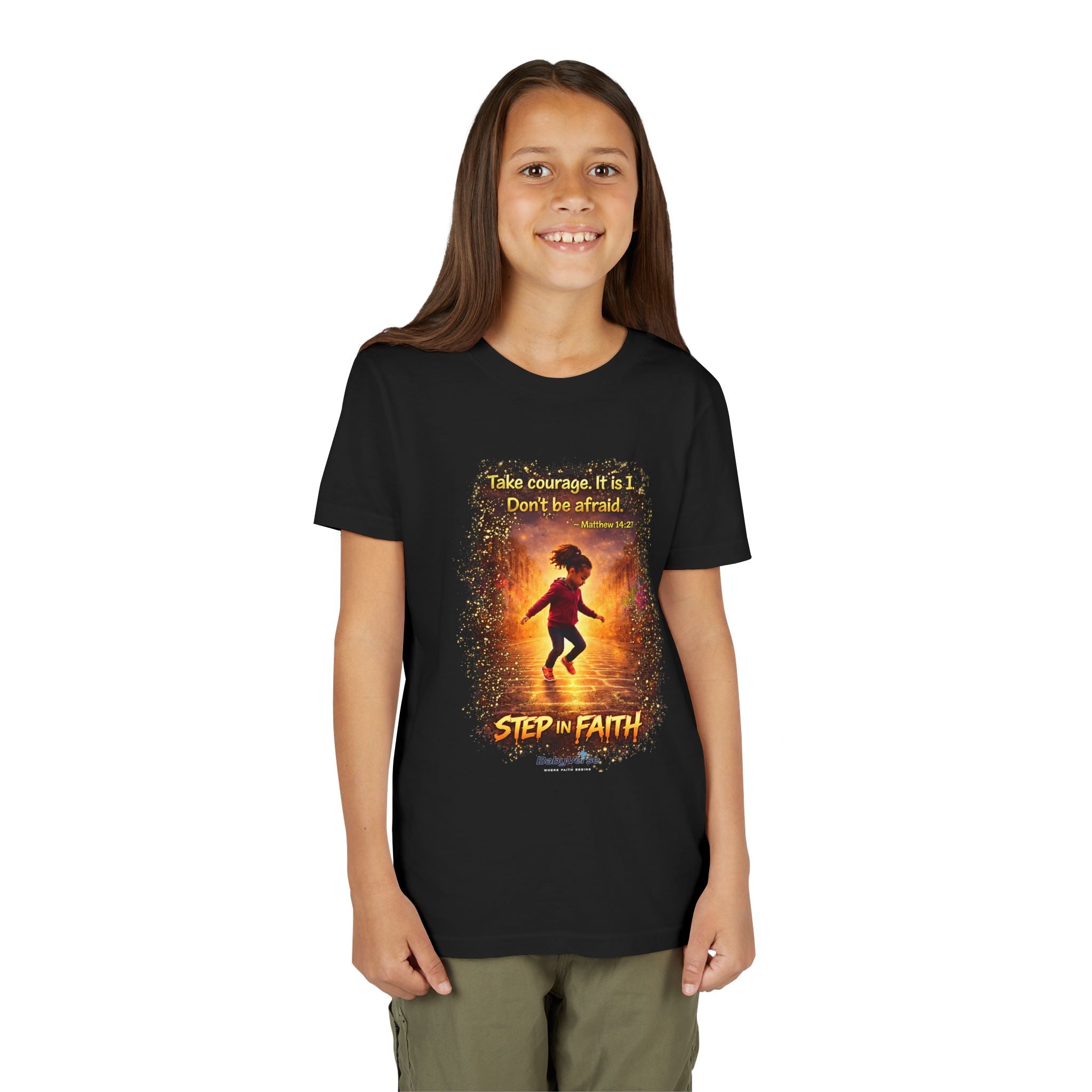 Youth Christian T-Shirt “Step in Faith” | Matthew 14:27 Kids Faith Shirt | Inspirational Bible Verse Youth Tee
