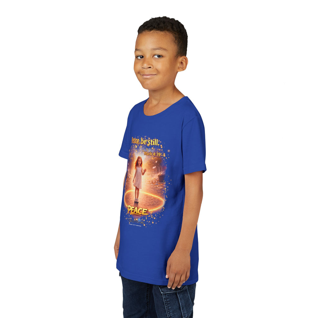Youth Christian T-Shirt “Peace Be Still” | Mark 4:39 Kids Faith Shirt | Bible Verse Youth Tee