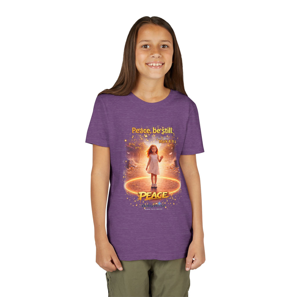Youth Christian T-Shirt “Peace Be Still” | Mark 4:39 Kids Faith Shirt | Bible Verse Youth Tee
