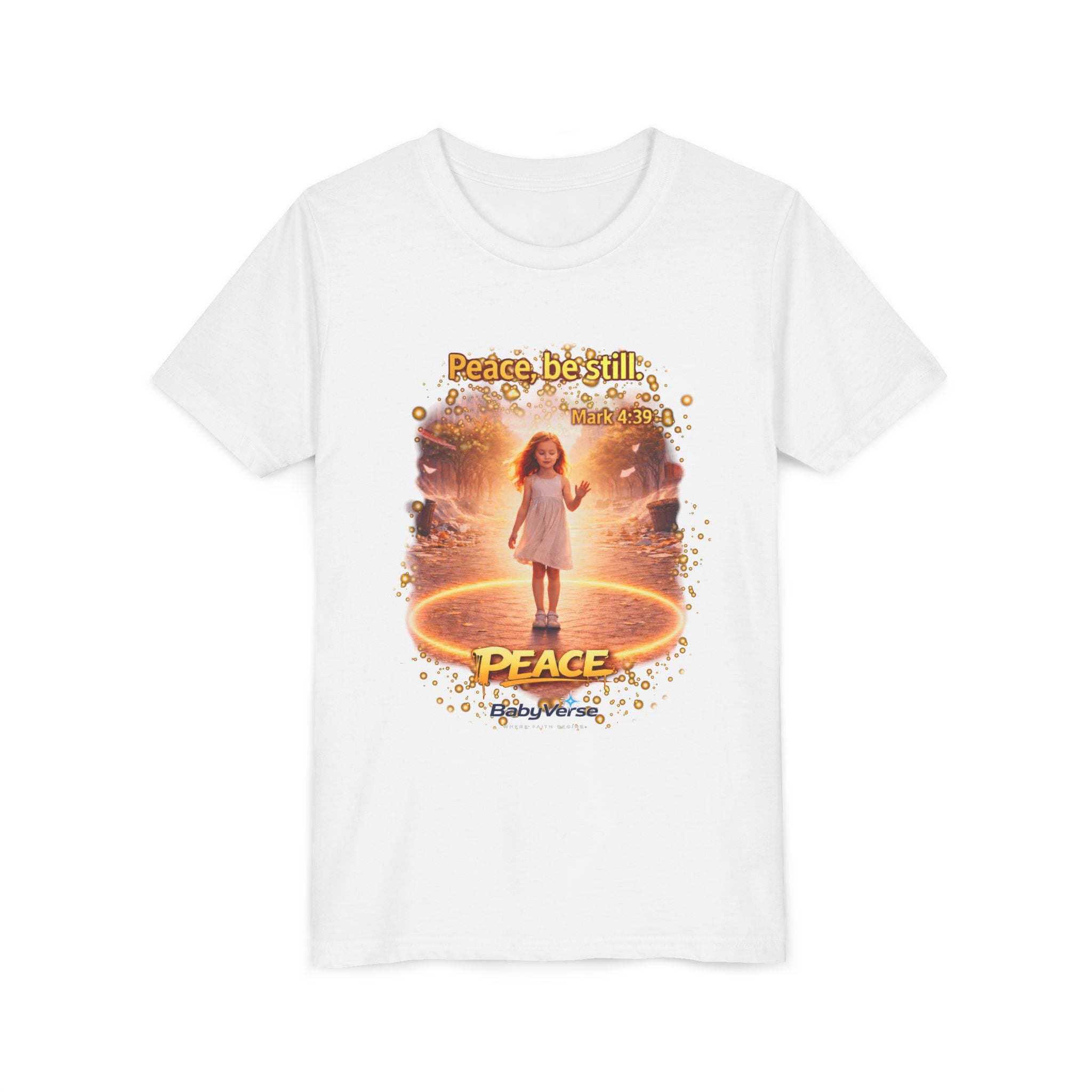 Youth Christian T-Shirt “Peace Be Still” | Mark 4:39 Kids Faith Shirt | Bible Verse Youth Tee