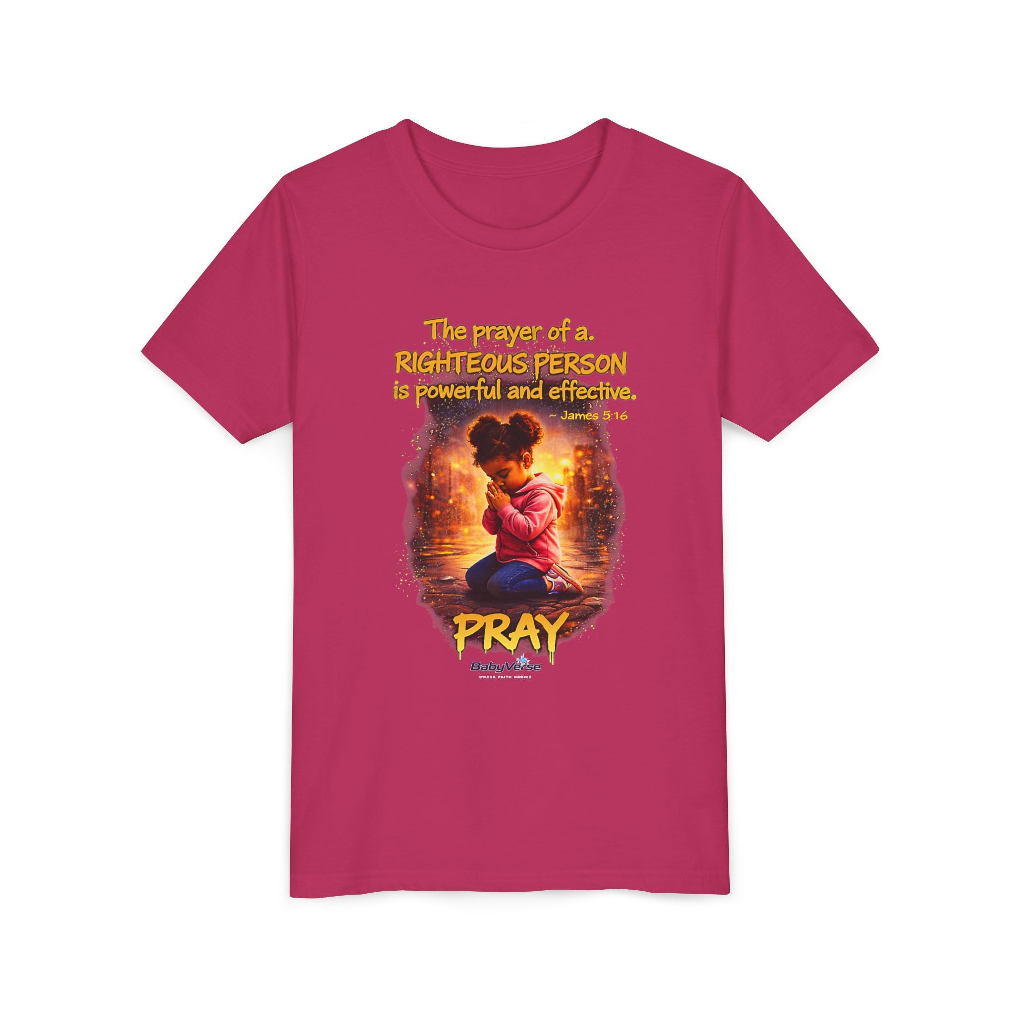 Youth Christian T-Shirt “Pray” | James 5:16 Faith Kids Shirt | Inspirational Youth Tee