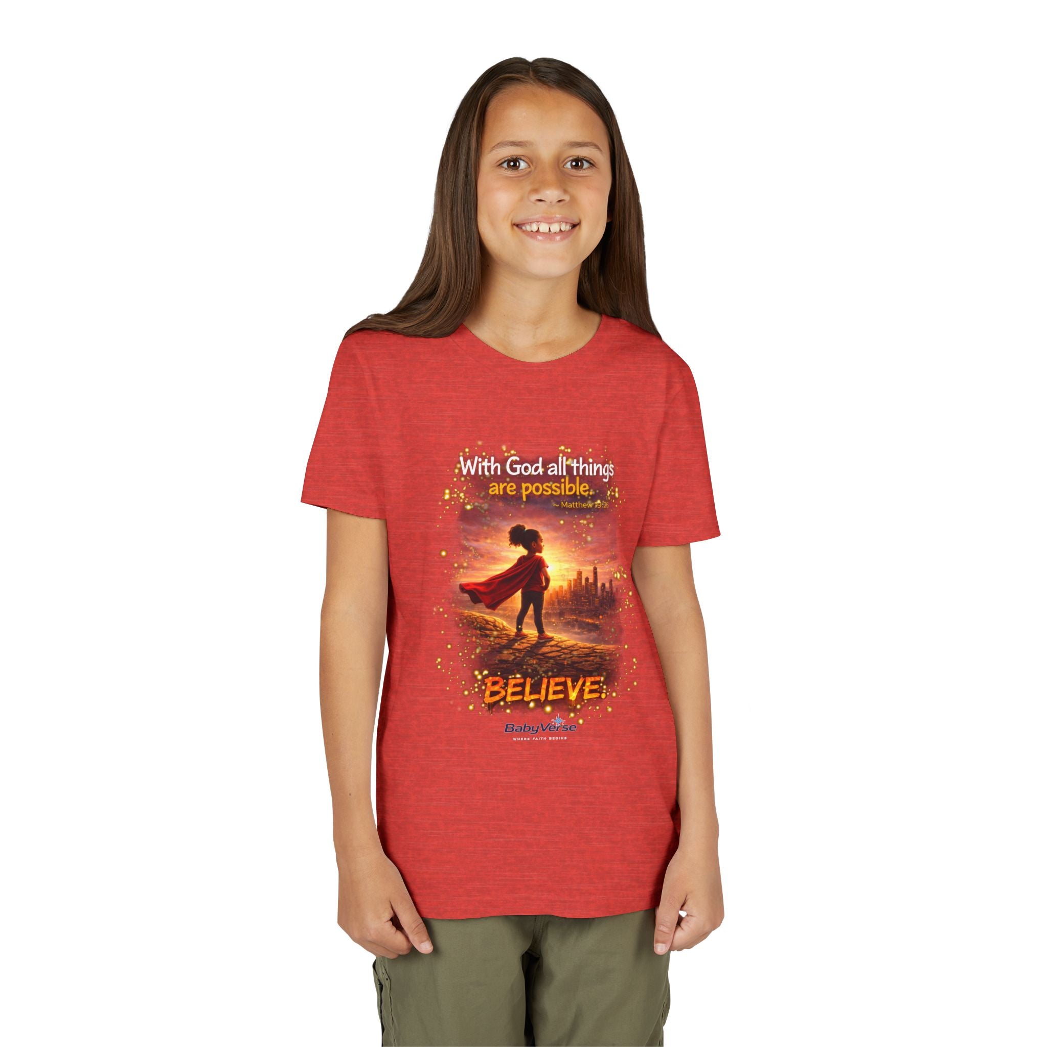 Youth Christian T-Shirt “Believe” | Matthew 19:26 Faith Kids Shirt | Inspirational Bible Verse Youth Tee