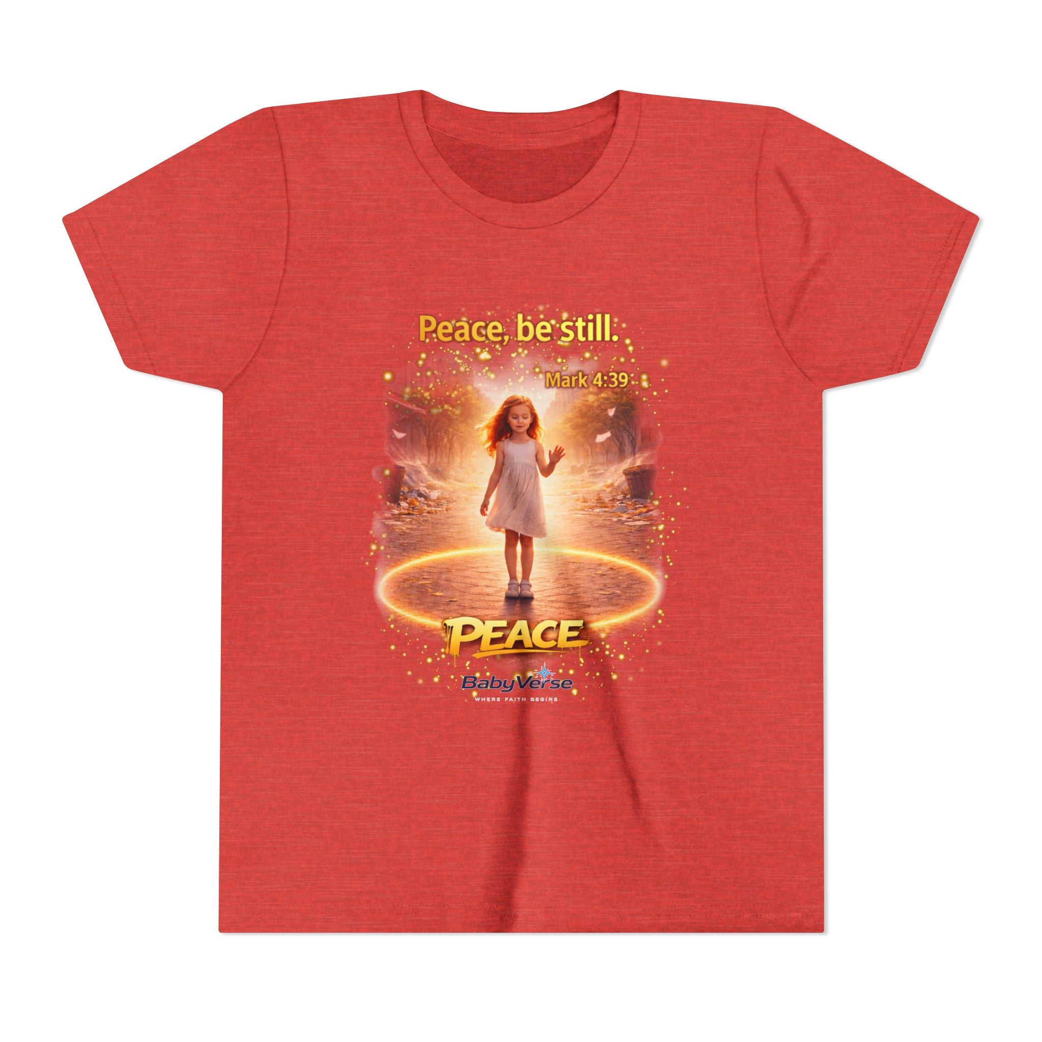 Youth Christian T-Shirt “Peace Be Still” | Mark 4:39 Kids Faith Shirt | Bible Verse Youth Tee