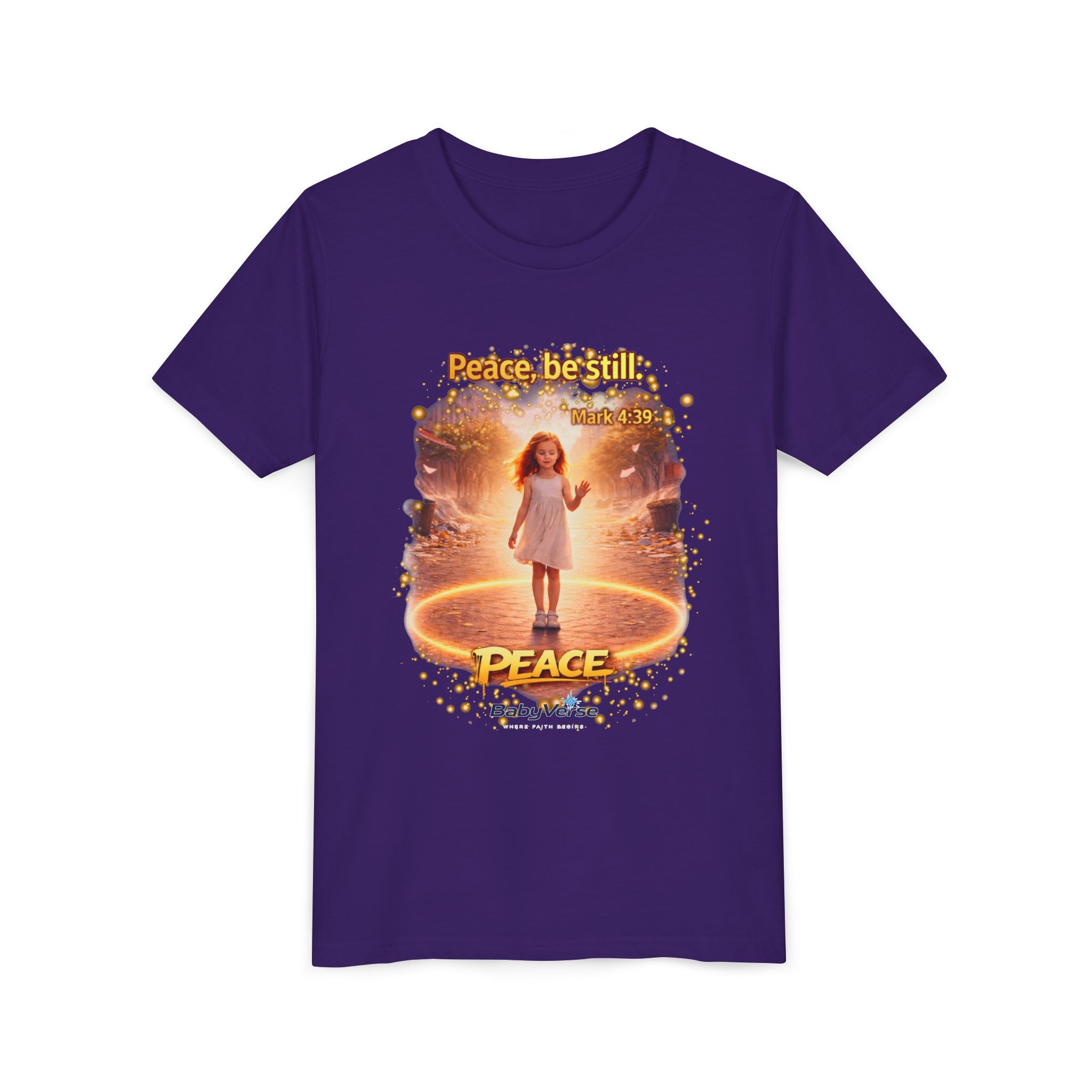Youth Christian T-Shirt “Peace Be Still” | Mark 4:39 Kids Faith Shirt | Bible Verse Youth Tee