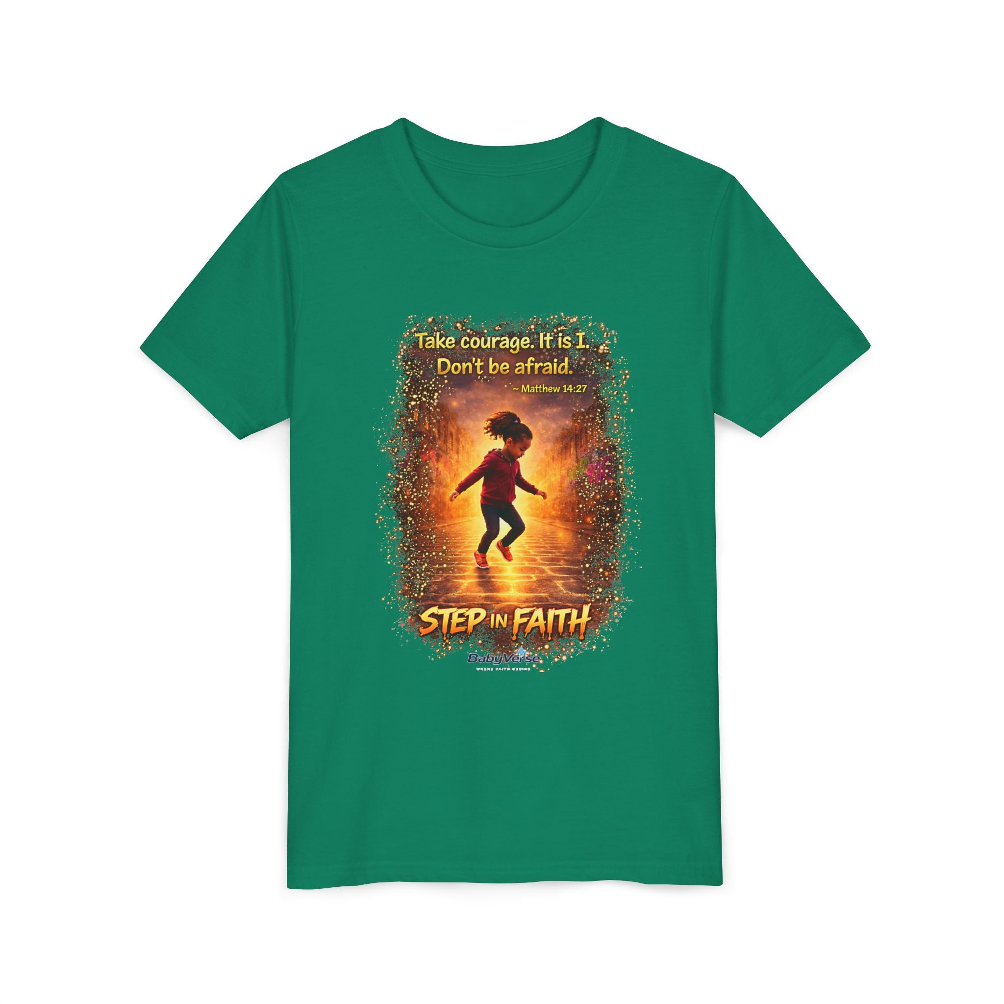 Youth Christian T-Shirt “Step in Faith” | Matthew 14:27 Kids Faith Shirt | Inspirational Bible Verse Youth Tee