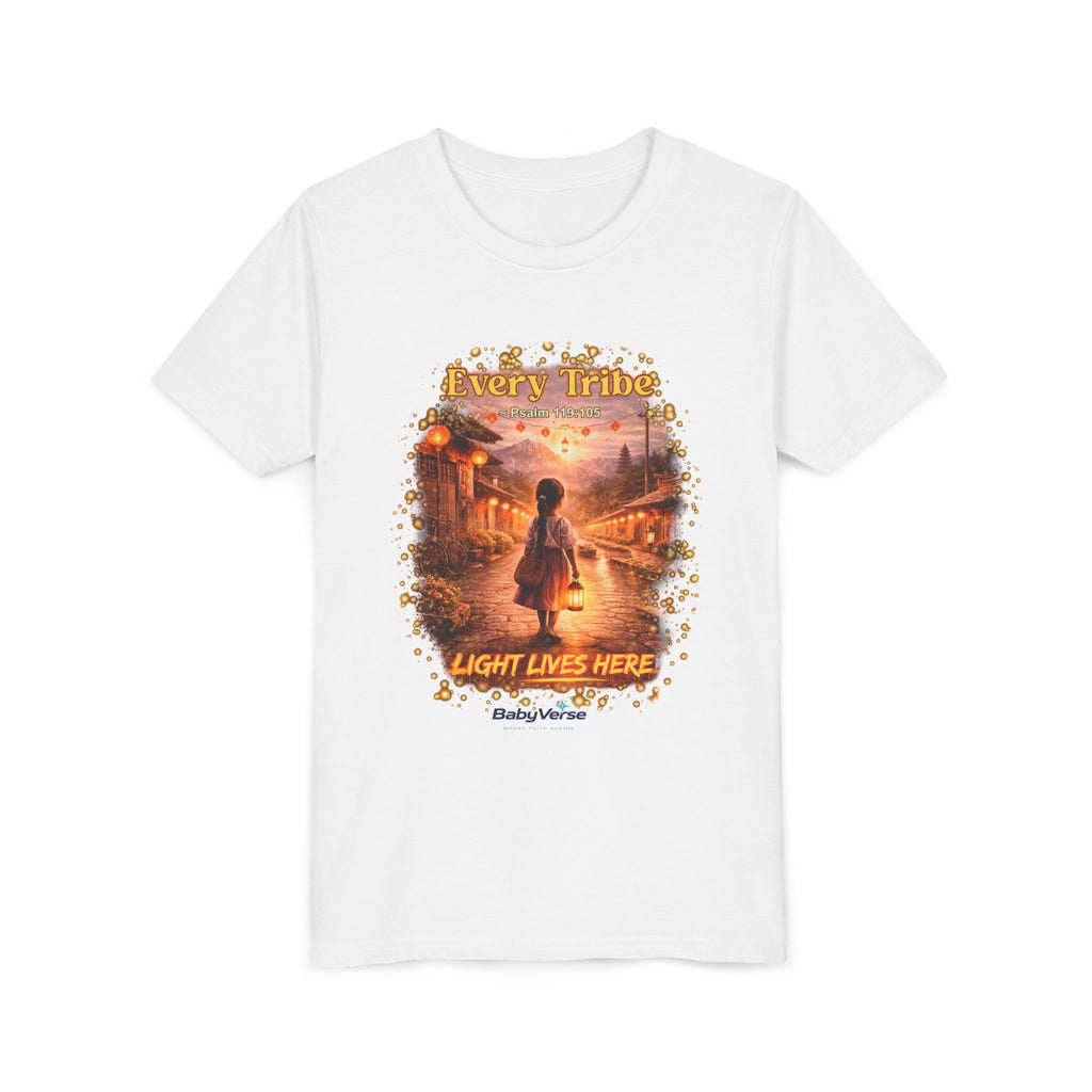 Youth Christian T-Shirt “Light Lives Here” | Psalm 119:105 Faith Kids Shirt | Inspirational Youth Tee