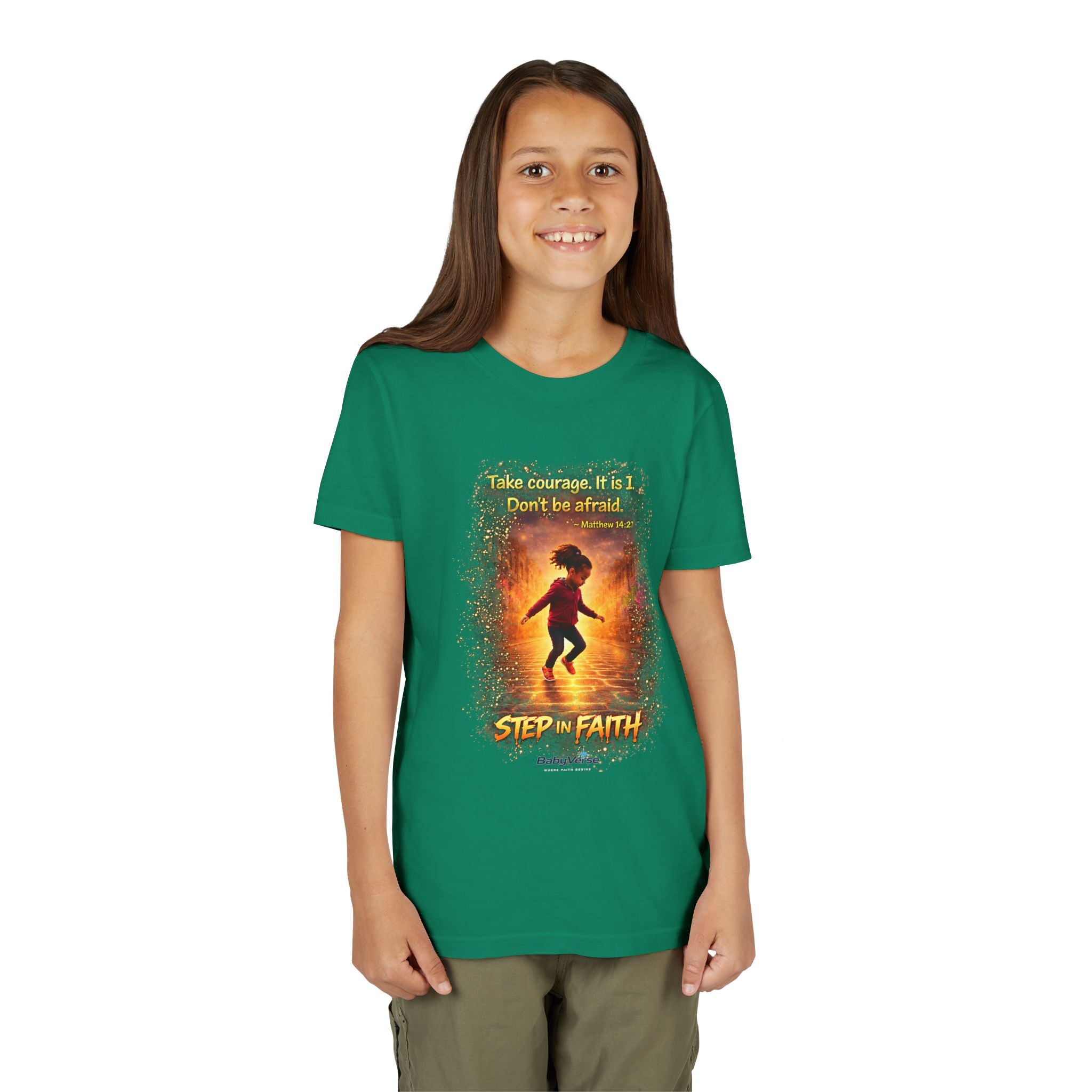 Youth Christian T-Shirt “Step in Faith” | Matthew 14:27 Kids Faith Shirt | Inspirational Bible Verse Youth Tee