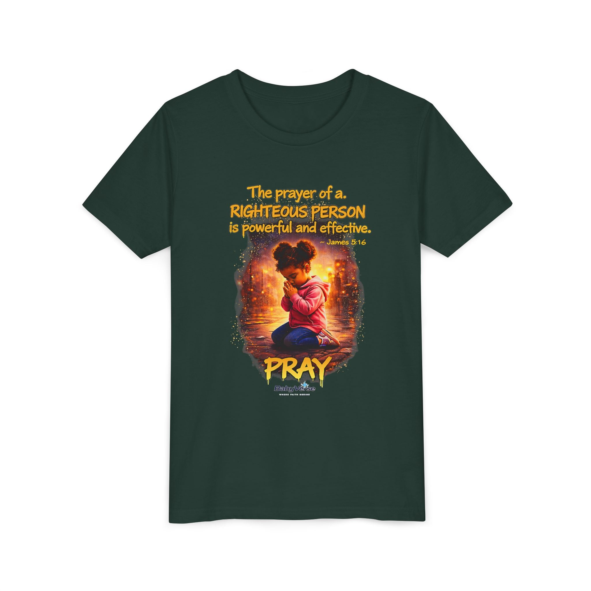 Youth Christian T-Shirt “Pray” | James 5:16 Faith Kids Shirt | Inspirational Youth Tee