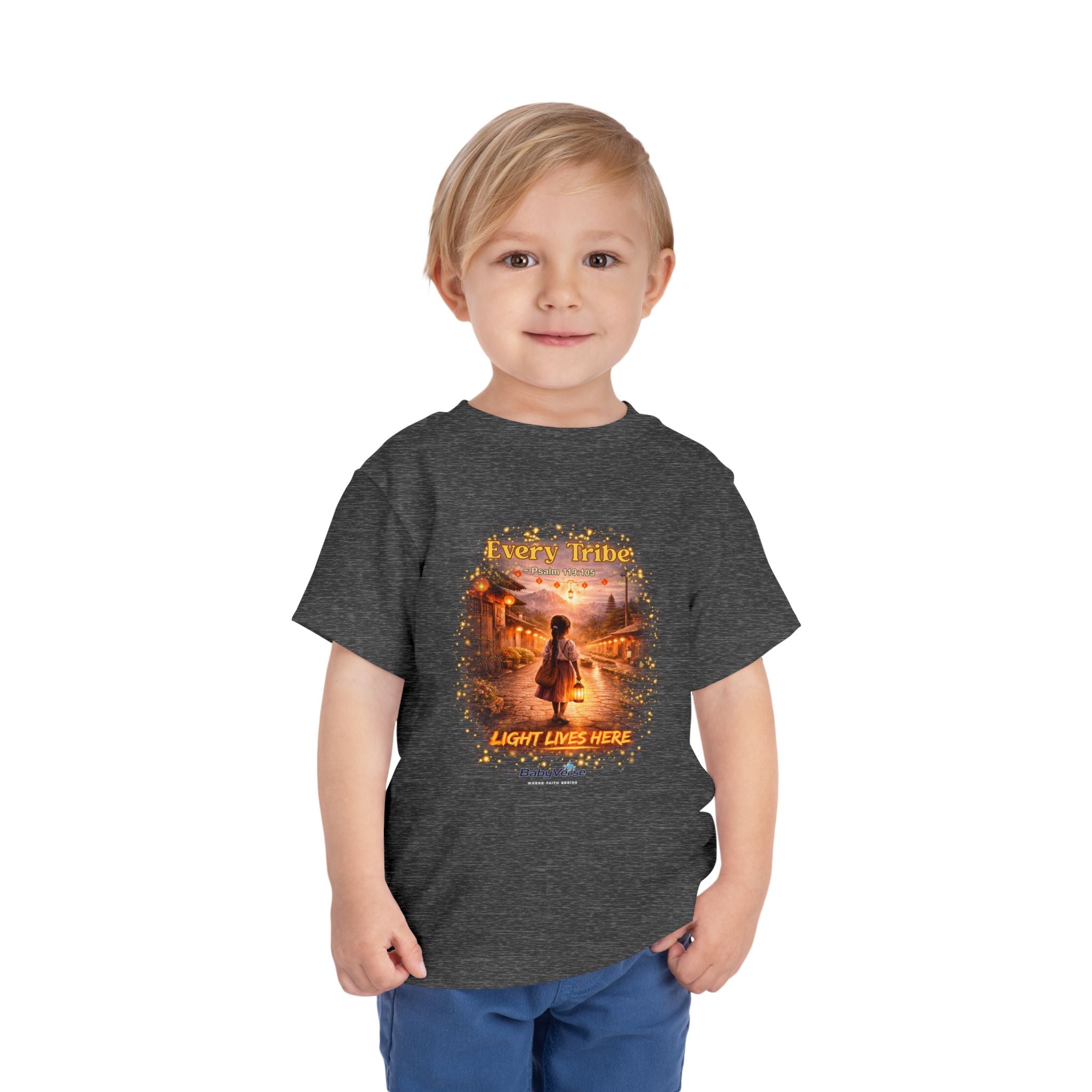 Toddler Tee — “Light Lives Here” Inspirational Christian Tee | Psalm 119:105 Faith Shirt for Kids