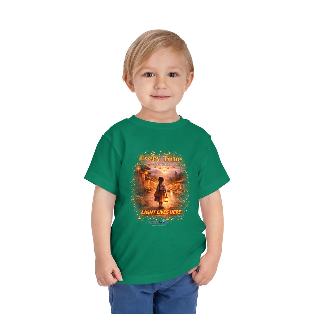 Toddler Tee — “Light Lives Here” Inspirational Christian Tee | Psalm 119:105 Faith Shirt for Kids