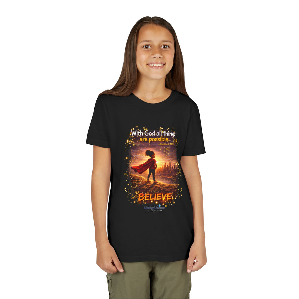 Youth Christian T-Shirt “Believe” | Matthew 19:26 Faith Kids Shirt | Inspirational Bible Verse Youth Tee