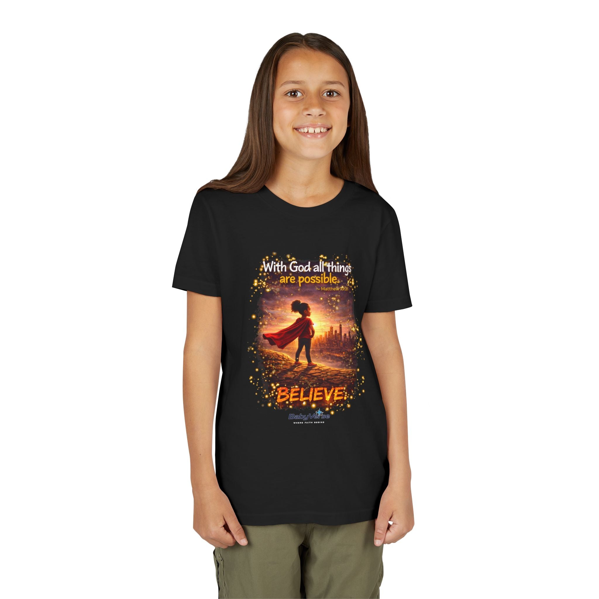 Youth Christian T-Shirt “Believe” | Matthew 19:26 Faith Kids Shirt | Inspirational Bible Verse Youth Tee