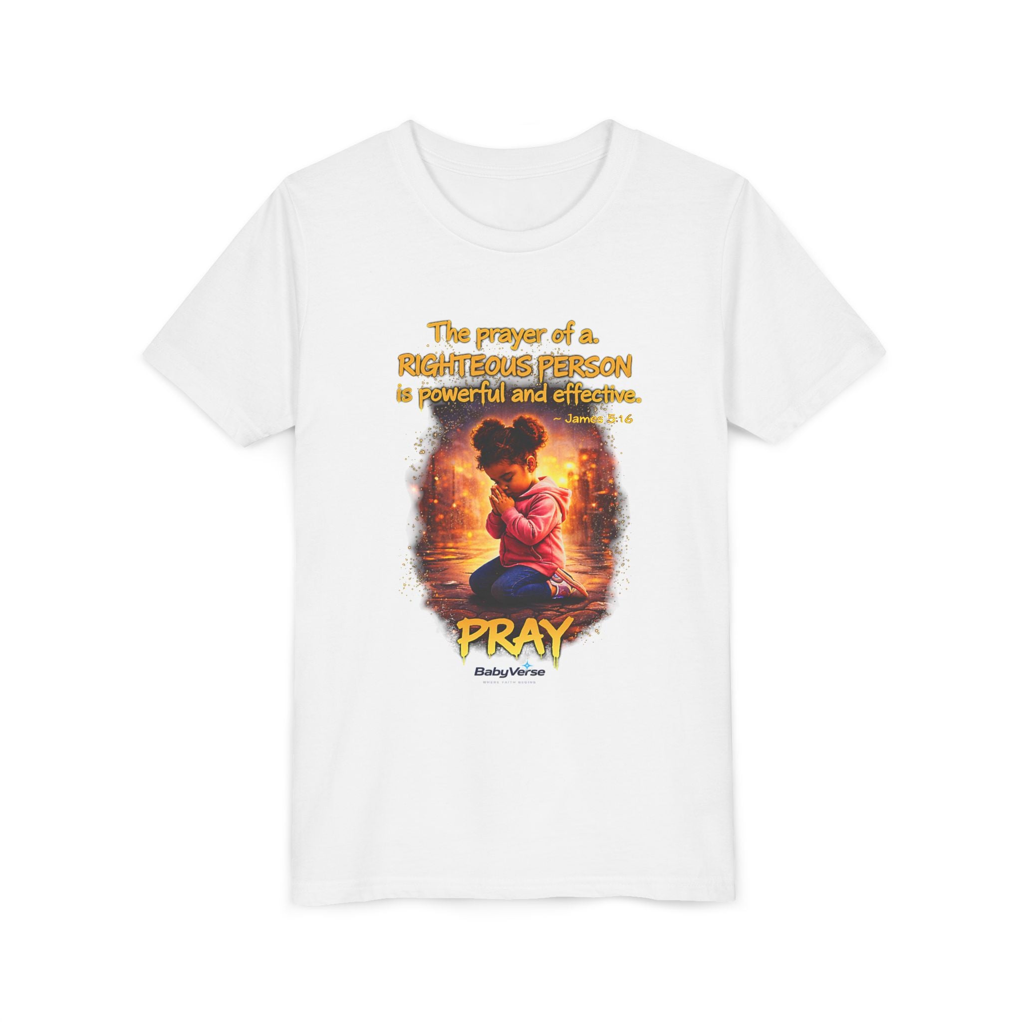 Youth Christian T-Shirt “Pray” | James 5:16 Faith Kids Shirt | Inspirational Youth Tee