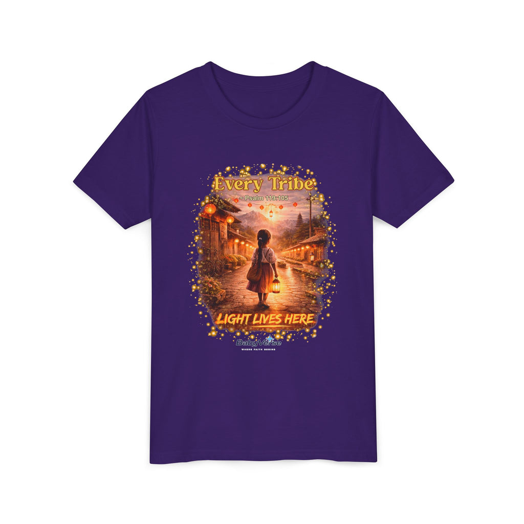 Youth Christian T-Shirt “Light Lives Here” | Psalm 119:105 Faith Kids Shirt | Inspirational Youth Tee