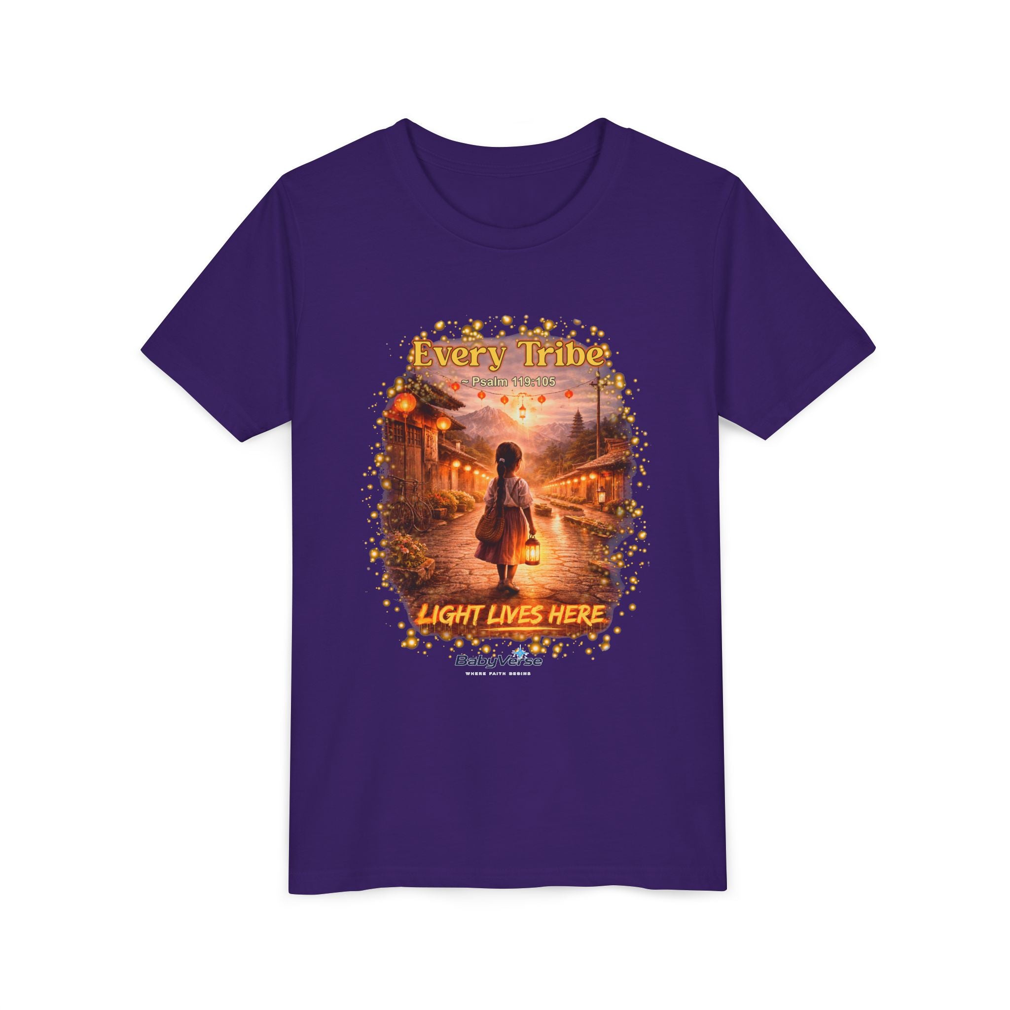 Youth Christian T-Shirt “Light Lives Here” | Psalm 119:105 Faith Kids Shirt | Inspirational Youth Tee