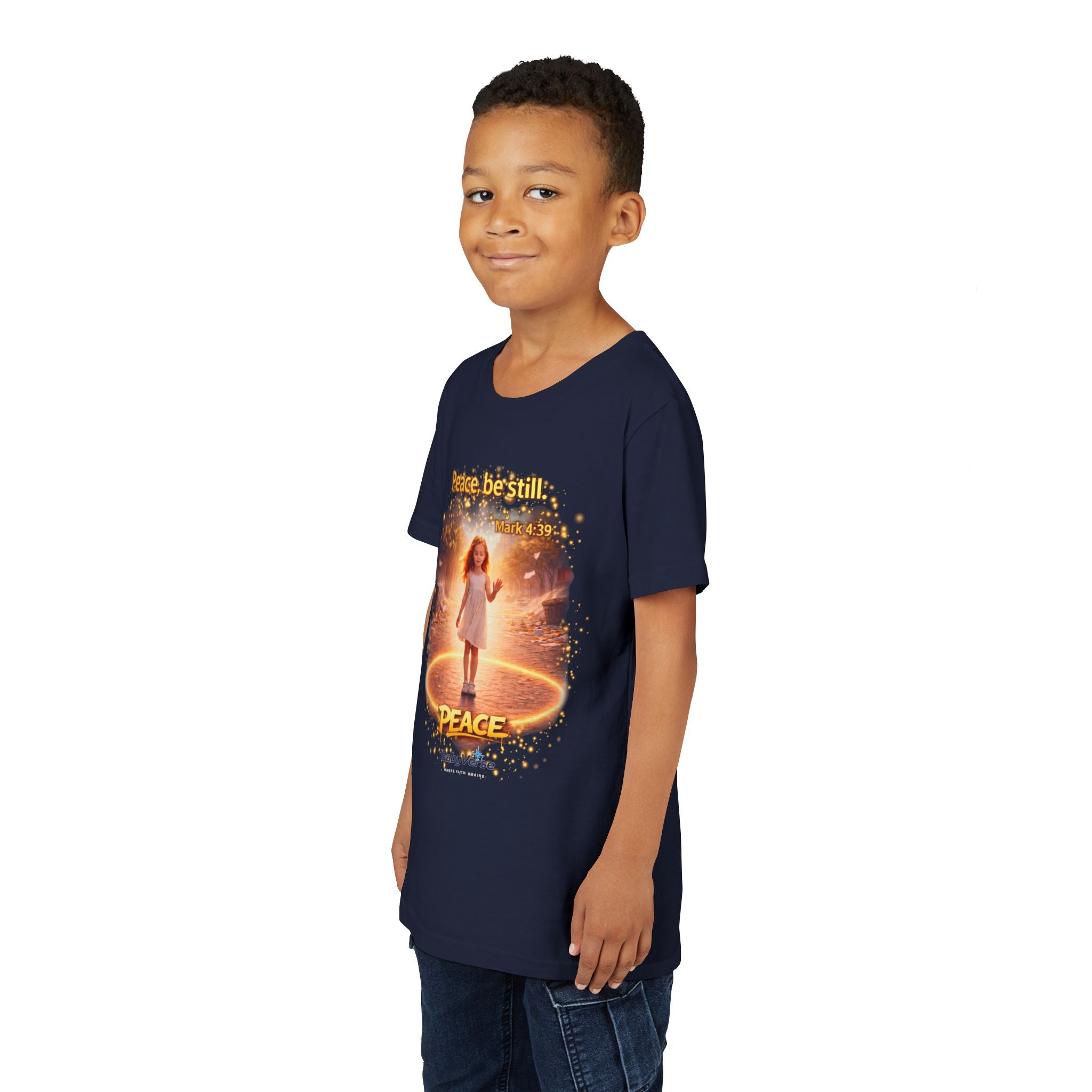 Youth Christian T-Shirt “Peace Be Still” | Mark 4:39 Kids Faith Shirt | Bible Verse Youth Tee