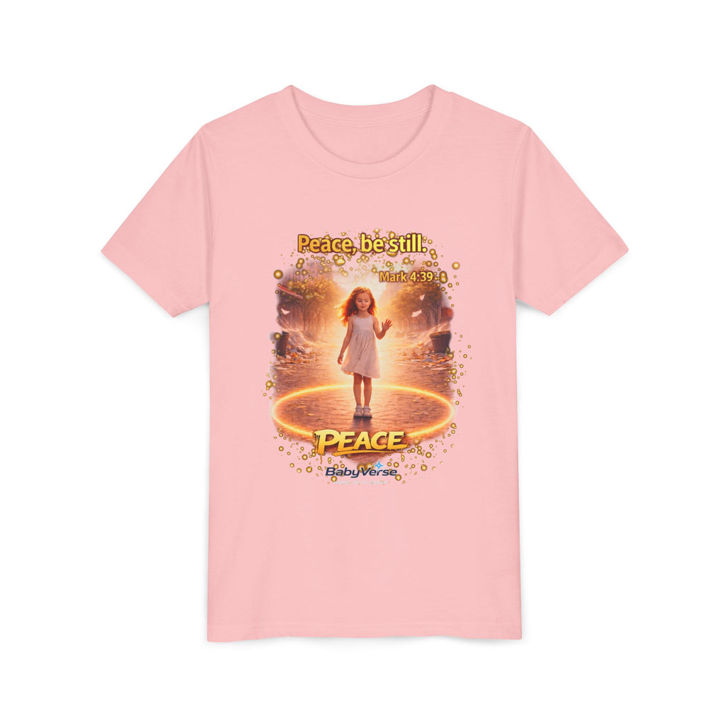 Youth Christian T-Shirt “Peace Be Still” | Mark 4:39 Kids Faith Shirt | Bible Verse Youth Tee