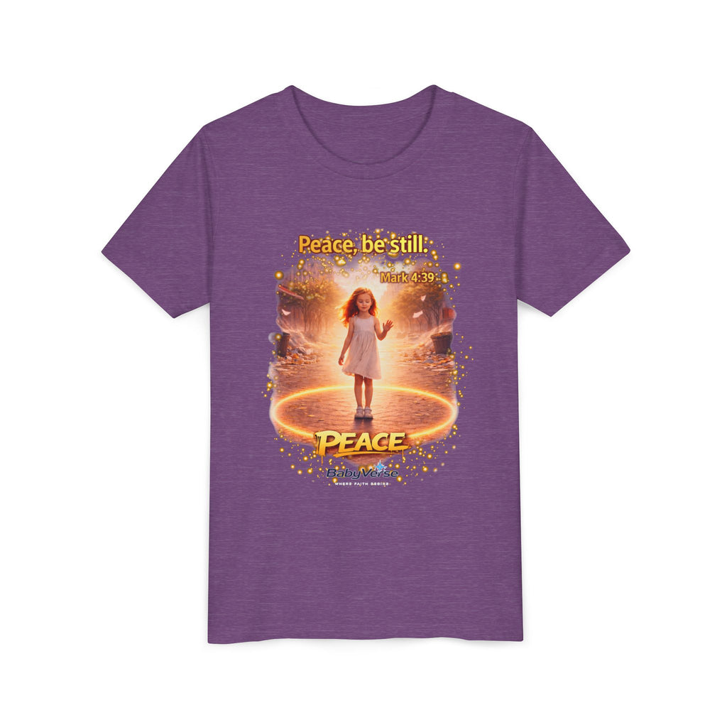 Youth Christian T-Shirt “Peace Be Still” | Mark 4:39 Kids Faith Shirt | Bible Verse Youth Tee